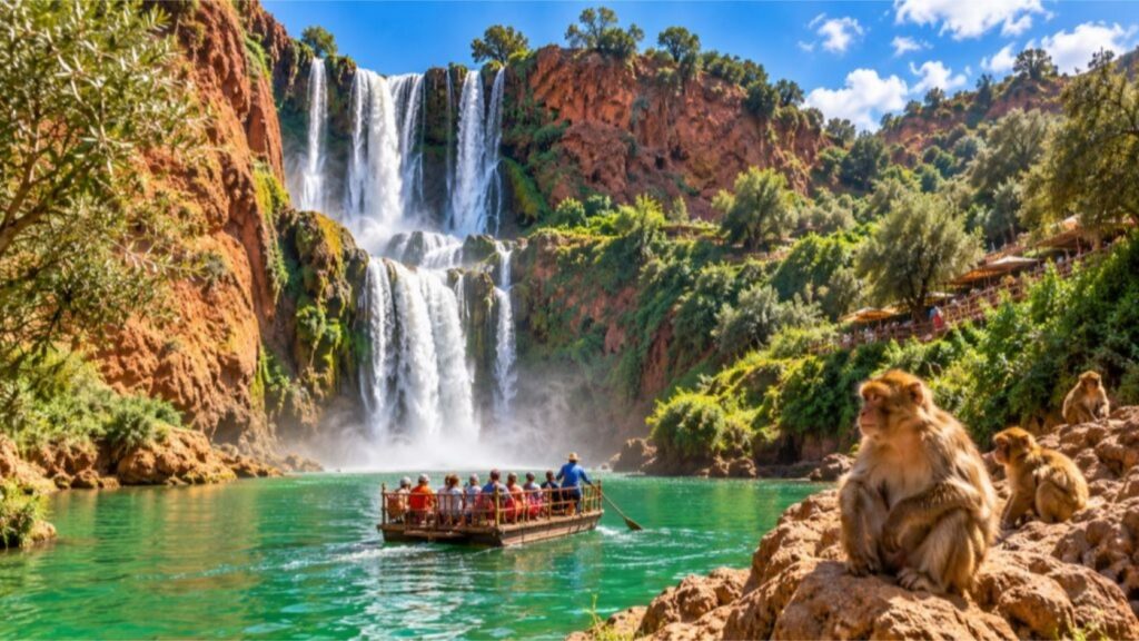Tourists on a boat ride at the base of Ouzoud Waterfalls