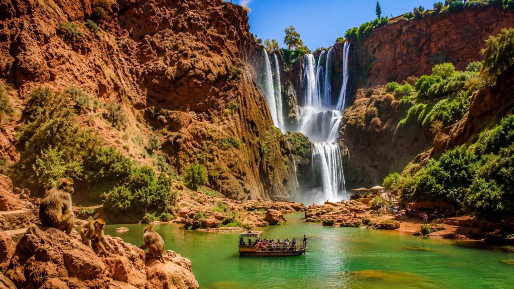 Ouzoud Waterfalls near Marrakech with Barbary macaques in foreground