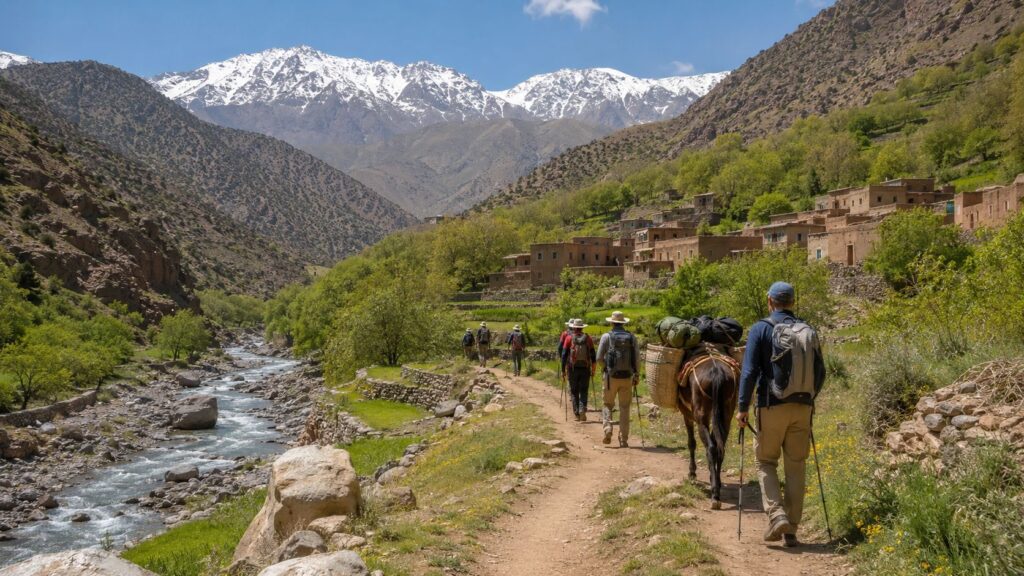 Hikers trekking through a mountain valley near Imlil during a 3-day Mount Toubkal trek