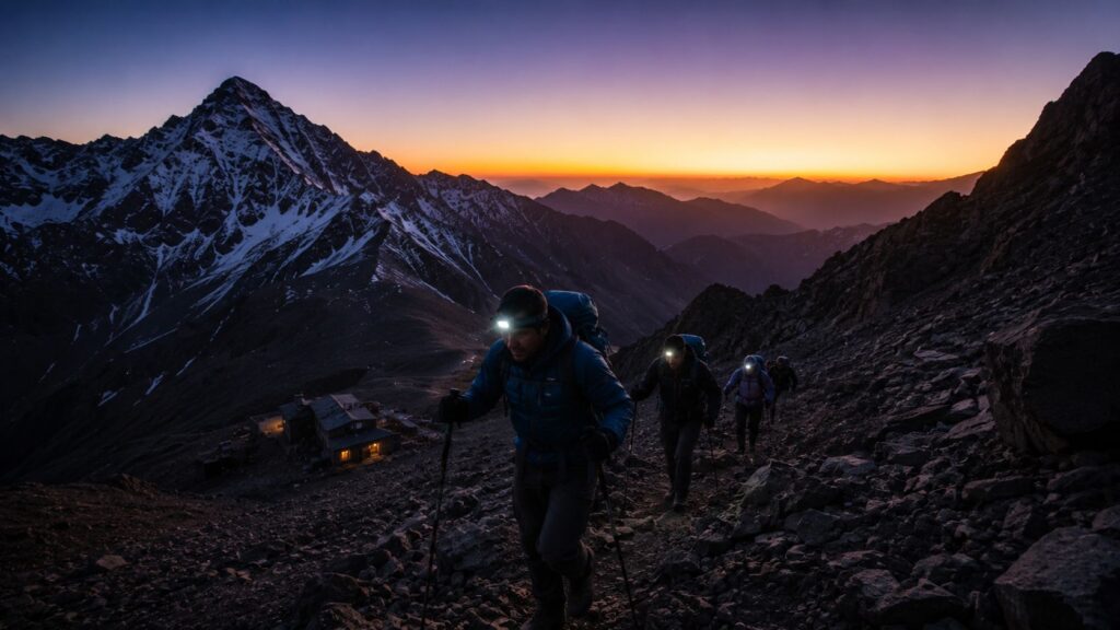 Hikers climbing Mount Toubkal before sunrise on a 3-day trek in the Atlas Mountains