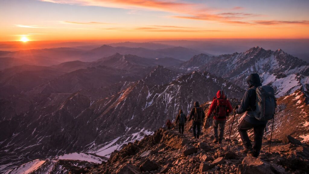 Hikers trekking along a snowy Toubkal ridge at sunset with panoramic Atlas Mountain views