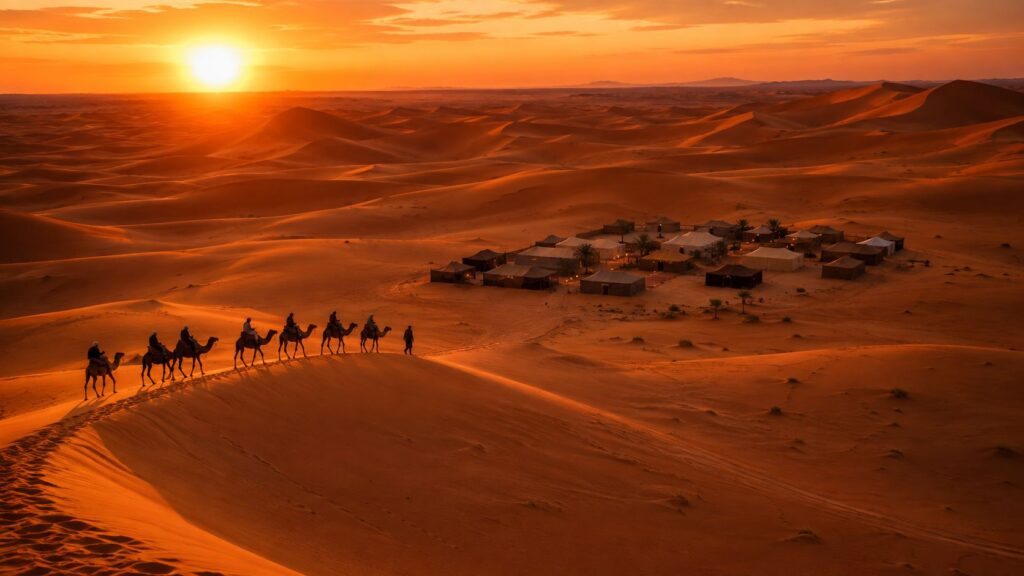 Sunrise camel trek across the Erg Chebbi dunes near Merzouga, Morocco