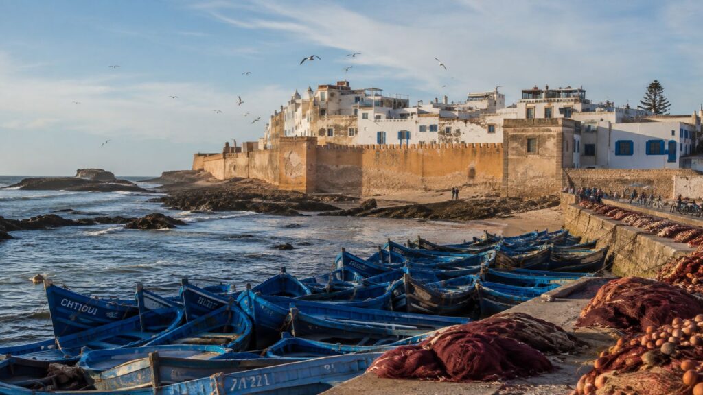 Essaouira fishing boats and historic medina walls on the Atlantic coast of Morocco