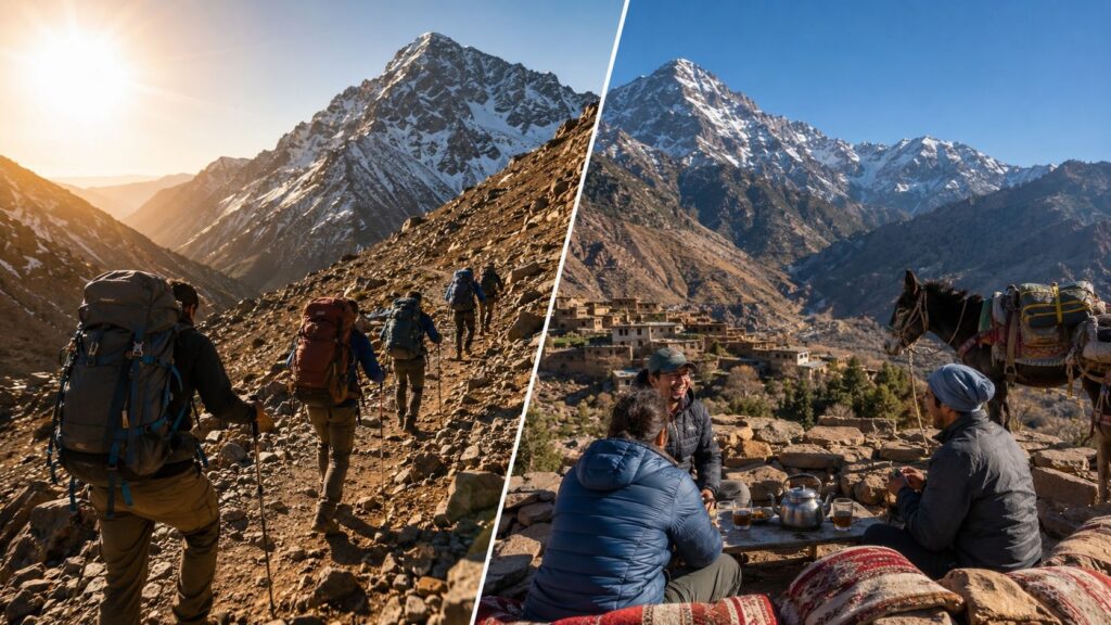 Mount Toubkal 2-day vs 3-day trek comparison with hikers in the Atlas Mountains