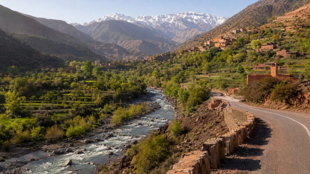 Ourika Valley road beside the river with High Atlas mountains in Morocco