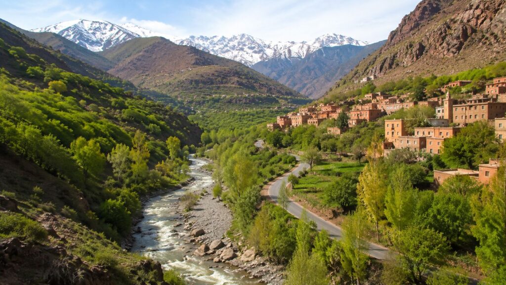 Ourika Valley near Marrakech with Atlas Mountains and river