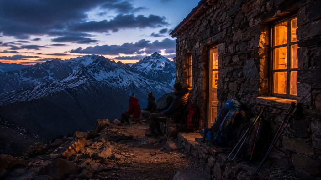 Toubkal Refuge at sunset with hikers overlooking the snow-capped Atlas Mountains