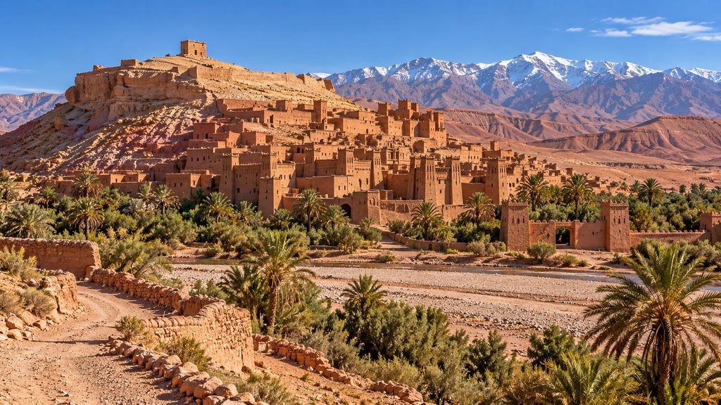 Ait Benhaddou in Morocco with palm trees, desert landscape, and snow-capped High Atlas Mountains in the background
