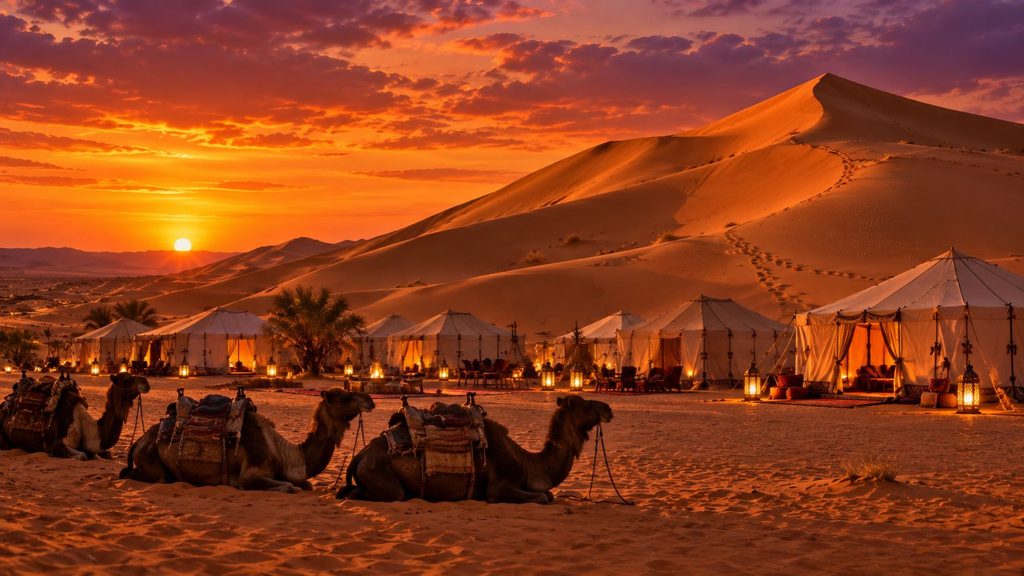 Merzouga desert camp with camel trekking at sunset in the Sahara