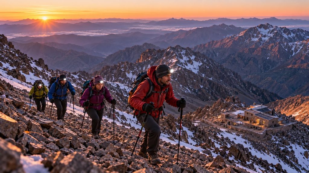 Hikers ascending a rocky, snow-covered trail toward Toubkal Refuge in Morocco's High Atlas Mountains at sunrise.