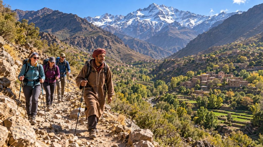 Hikers trekking a rocky trail toward Mount Toubkal in Morocco, with snow-capped High Atlas Mountains and a green mountain valley in the background.