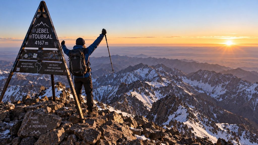 Hiker standing at the Mount Toubkal summit overlooking the Atlas Mountains at sunrise