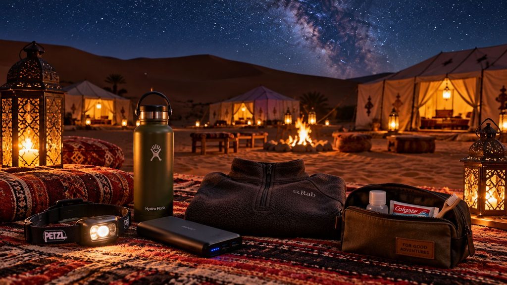 Sahara desert camp essentials including a headlamp, water bottle, power bank, warm layer and toiletries