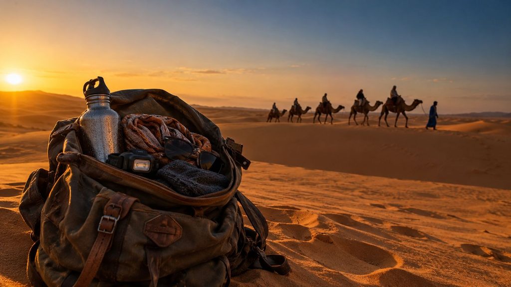 Packing bag for a Sahara desert tour from Marrakech at sunset