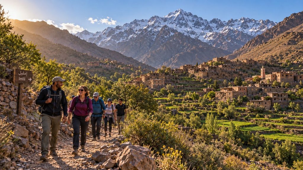 Hikers trekking through the Atlas Mountains toward Mount Toubkal in Morocco