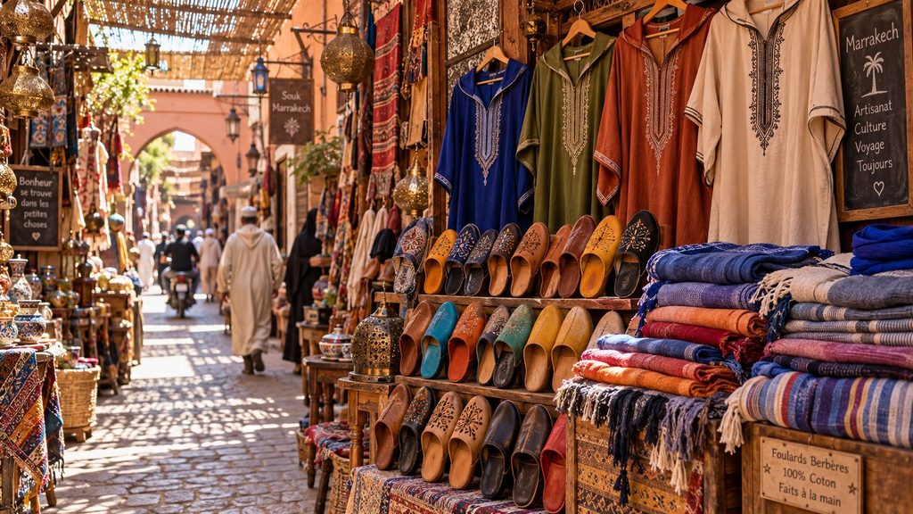 Marrakech souk with Moroccan clothing, leather slippers and woven scarves for sale