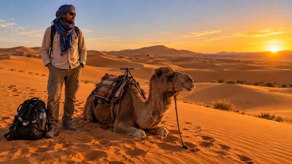 Traveler wearing lightweight layered clothing beside a camel in the Sahara Desert at sunset